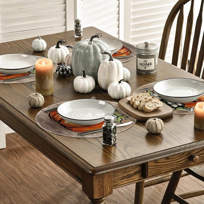 Artoid Mode Wood Pumpkin Bowknot Round Fall Placemats Set of 4-14 Inch | Heat-Resistant, Washable Table Mats, Seasonal Autumn Kitchen Dining Decor