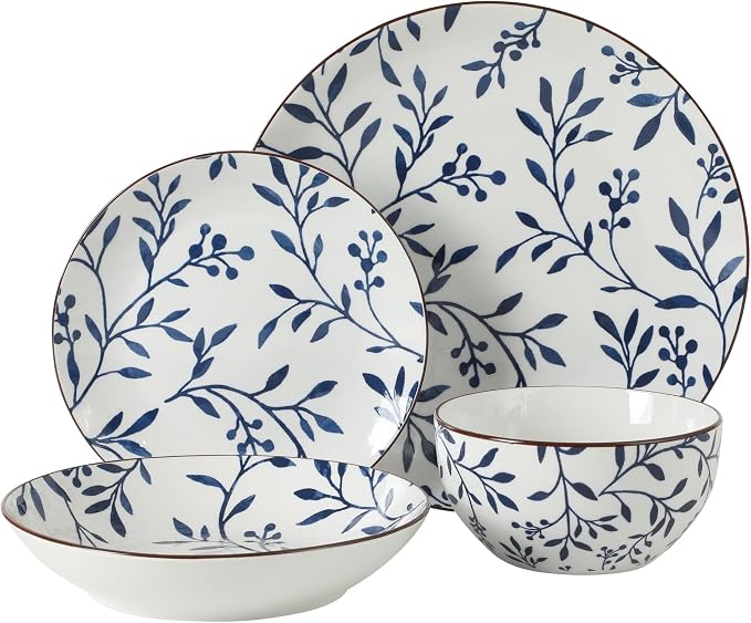 Gibson Home Palace Suite 16-Piece Dinnerware Set, Blue Floral Stoneware Plates & Bowls, Service for 4, Round Durable Everyday Dish Set