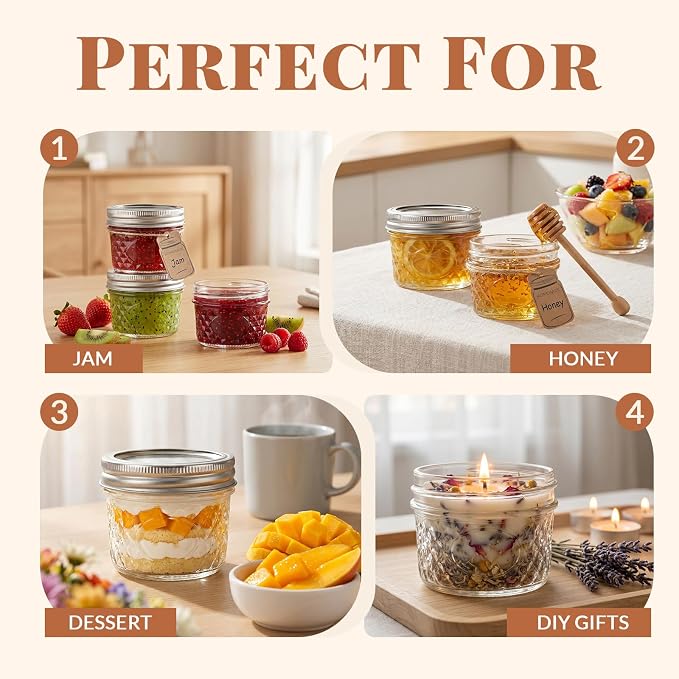 CycleMore Mason Jars 4 oz, 12 Pack Diamond Mini Glass Jars with Printed Silver Split Lids, Small Canning Jars for Caviar, Jam, Honey, Jelly, Wedding Favors and Gifts