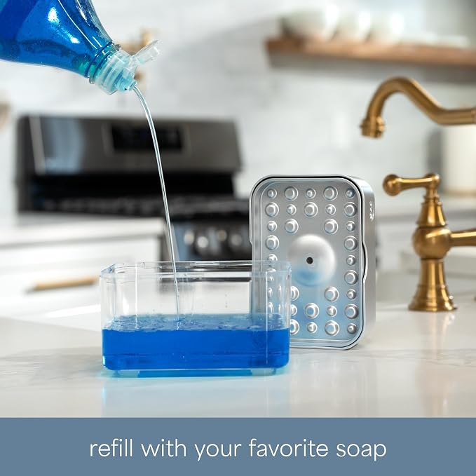 S&T INC. Dish Soap Dispenser and Sponge Holder, Silver | Holds 13 Fluid Ounces, Sponge Included, Anti-Slid Feet, Push to Dispense Perfect Amount of Dish Soap