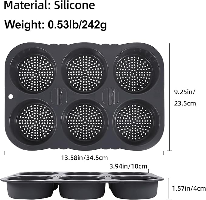 6-cavity Silicone Hamburger Bun Pan, Nonstick & Heat Resistant Burger Bun Pan, Bread Baking Pan for Hamburger Bun, English Muffin, Cinnamon Roll, Mini Sourdough, Bread Pans for Homemade Bread