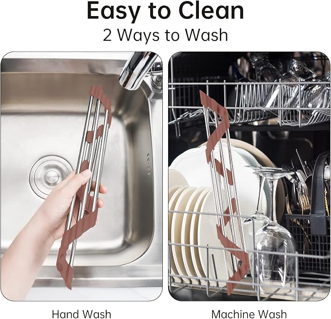 Tomorotec Triangle Roll-Up Dish Drying Rack for Sink Corner Small Foldable Stainless Steel Over The Sink Multipurpose Kitchen Drainer Caddy Trivet Rustproof Storage Shelf (Chocolate Brown) | BPA-Free Food-Grade Silicone Edges Foldable Waterproof Rustpr...