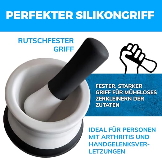 Large Mortar and Pestle Set - EZ-Grip Silicone & Porcelain Mortar with Detachable Scratch Proof Silicone Base - Perfect for Guacamole Spices and More - NEW BREAKPROOF Bowl - Dishwasher Safe Molcajete