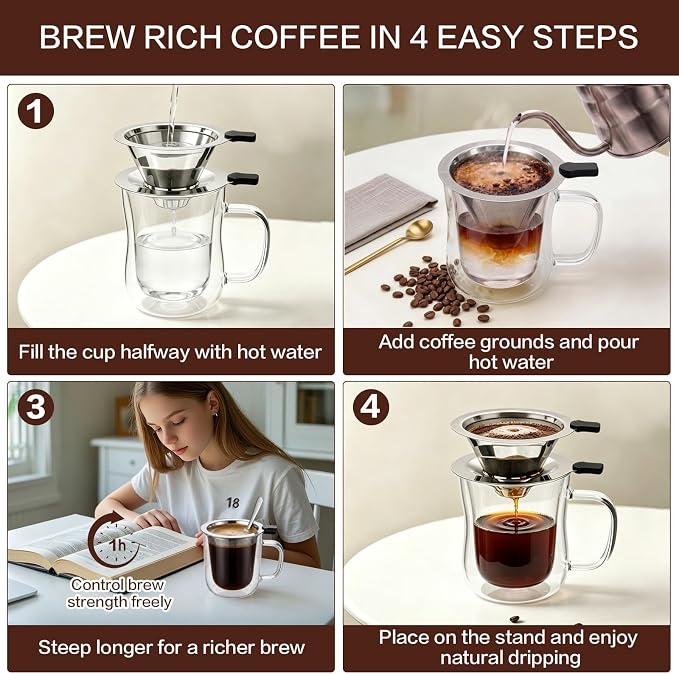 Pour Over Coffee Maker with glass Cup, 2-in-1 Immersion & drip coffee maker, Stainless Steel reusable coffee filter, Fits 3.3–4 Inch Cups, manual coffee brewer for Home Office Travel
