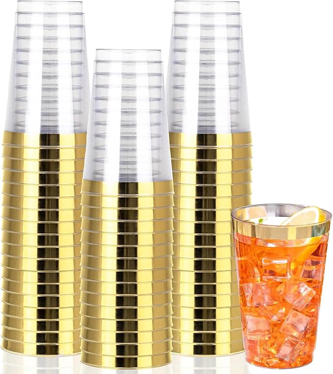 I00000 50 Pack 14 oz Gold Plastic Cups, Gold Disposable Cups Tumblers, Disposable Plastic Wine Glasses Cocktail Glasses Perfect for Wedding & Parties
