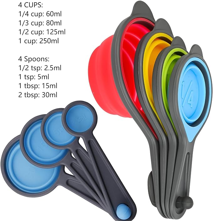 Measuring Cups and Spoons set, Collapsible Measuring Cups, 8 pieces Measuring Cups&Spoons Set, Engraved Metric & US Markings for Liquid&Dry Measuring, Space Saving, BPA Free Colorful Silicone
