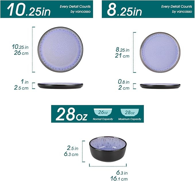 vancasso Plates and Bowls Sets, 18 Pieces Stoneware Dinnerware Sets for 6, Kitchen Dish Set Mircowave and Dishwasher Safe Dinner Set Ceramic Dishware, Light Purple, Series AMBER