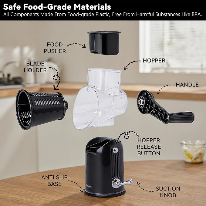 Rotary Cheese Grater with Handle, 5-Blade Cheese Shredder, BPA-Free (Black) | Cheese Grater Hand Crank Slices, Shreds & Grates – Features Strong Suction Base, Stainless-Steel Blades & Easy Clean-Up