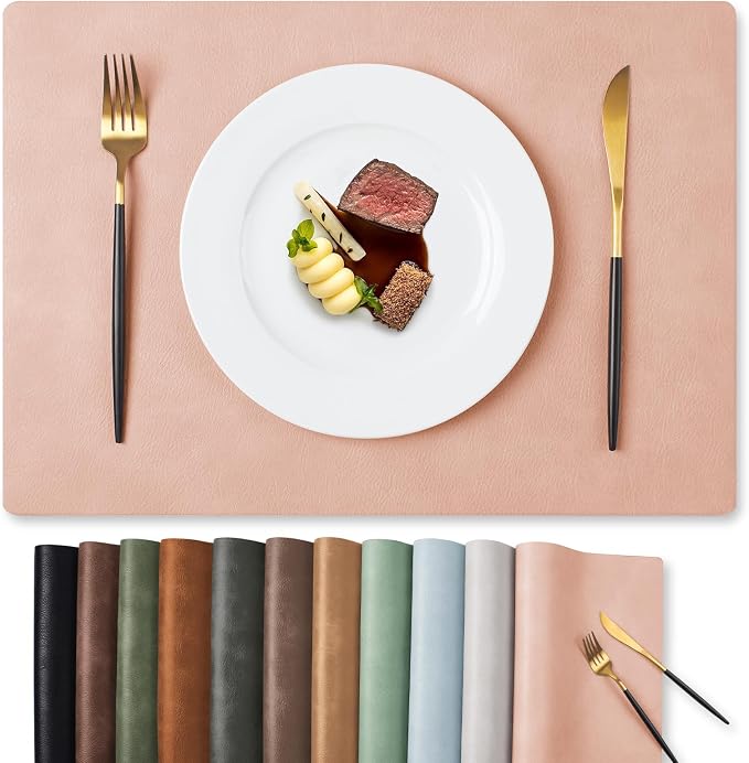 MOSAYT Vinyl Placemats Set of 8-12 X 17 Inch - Faux Leather 100% Waterproof Oil-Proof Wipeable PU Place Mats, Heat Resistant Reversible Table Mats for Kitchen, Dining, Outdoor, Pink