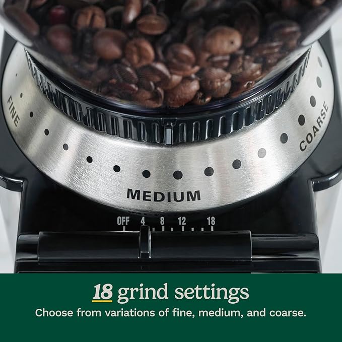 Cuisinart Coffee Grinder, Electric One-Touch Automatic Burr Coffee Grinder with 18-Position Grind Selector, Cup Size Selector for 4 – 18 Cups, Black Stainless Steel