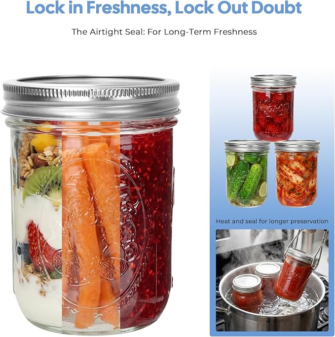 CycleMore 16oz Wide Mouth Mason Jars with Airtight Lids, 12 - Pack Canning Jars with Colorful Lids, Glass Jars for Fermenting, Pickling, Freezing, Preserving, Meal Prep, Jar Décor