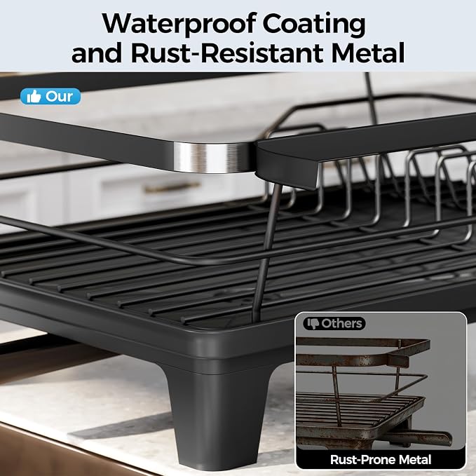 Urakify Dish Drying Rack for Kitchen Counter, 16.5" L x 12.2" W, Black | Large Dish Drainer with Cutlery Holder, Sink Dish Rack with Drainboard for plate dish silverware, Space Saving