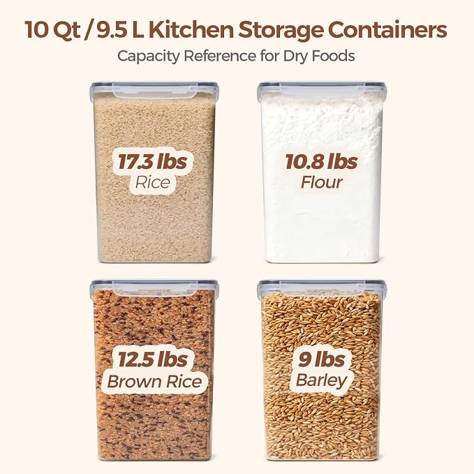 ComSaf Airtight Rice Storage Container with Lid 10Qt 2Pack, Large Capacity | 9.5L Plastic Food Canister, Rice Sugar Flour Cereal Oats Pasta, Pantry Kitchen Cabinet, Label, Scoop, Rice Washer, BPA-free