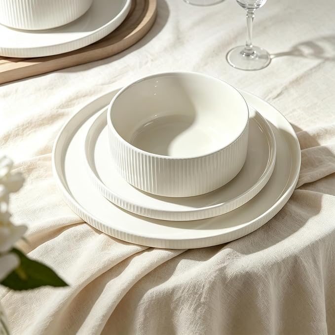 Stoneware Dinnerware Sets for 4, 12Pcs Plates and Bowls Set, Cream White | Handmade Reactive Glaze Ceramic Dishes, Microwave and Dishwasher Safe, Modern Minimalist Ribbed Tableware for Everyday Use