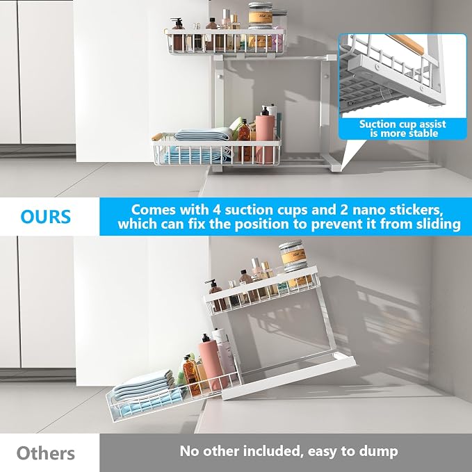 Merrylun Under Sink Organizers,5 Adjustable Height，Metal Pull Out Under Sink Organizers and Storage Shelves with Sliding Drawer, White 1pack（Hight 13.6″-16.9″）
