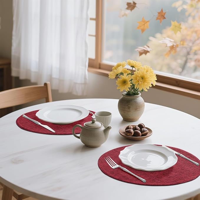 Cotton Linen 15 Inch Round Cloth Place mats, Set of 4, Red | Washable Table Mats, Heat Resistant, Reversible, Wipeable Place Mats for Indoor Outdoor