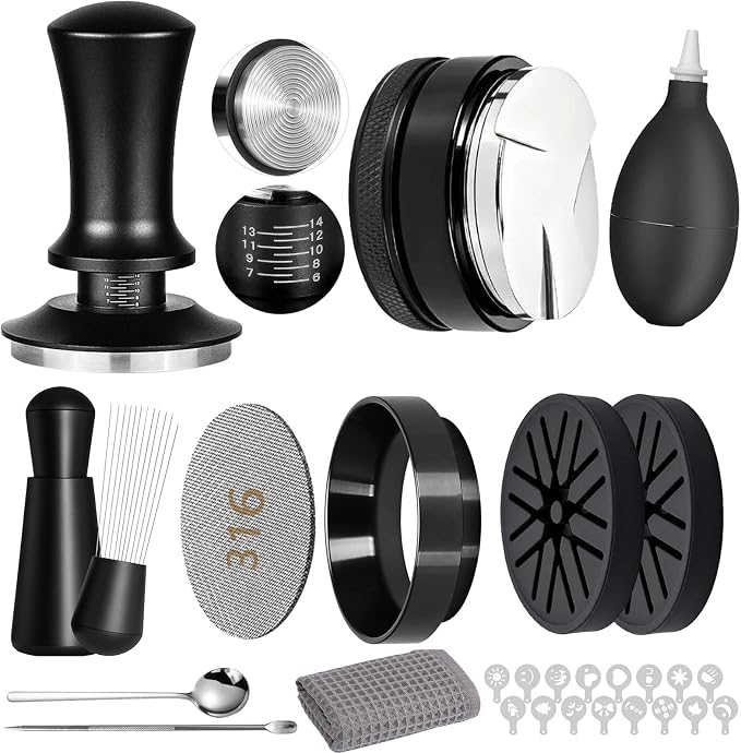 12PCS Espresso Accessories Kit: 51mm Espresso Tamper, Coffee Distributor, Puck Screen, Dosing Funnel,WDT Tool, Silicone Air Blower,Mats,Latte Art Kit, Espresso Tools Set Fits Delonghi Portafilters