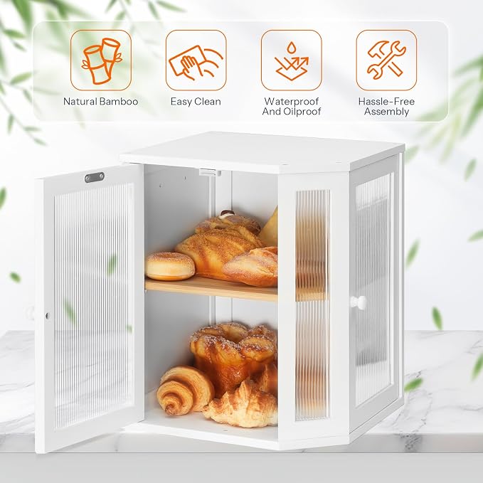 HOOBRO Bread Box, Bamboo Bread Box for Kitchen Countertop, 2-Tier Corner Bread Box, Large Capacity Bread Bin, Food Storage Box, Bread Storage Container for Kitchen, Dining Room, White WT12MB01