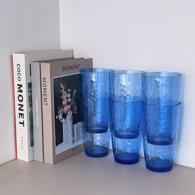 Yalin 20 Ounce Acrylic Drinking Glasses, Reusable Plastic Tumbler, Stackable, BPA-Free, Shatter Proof, Dishwasher Safe, Set of 6 Cups (Blue)