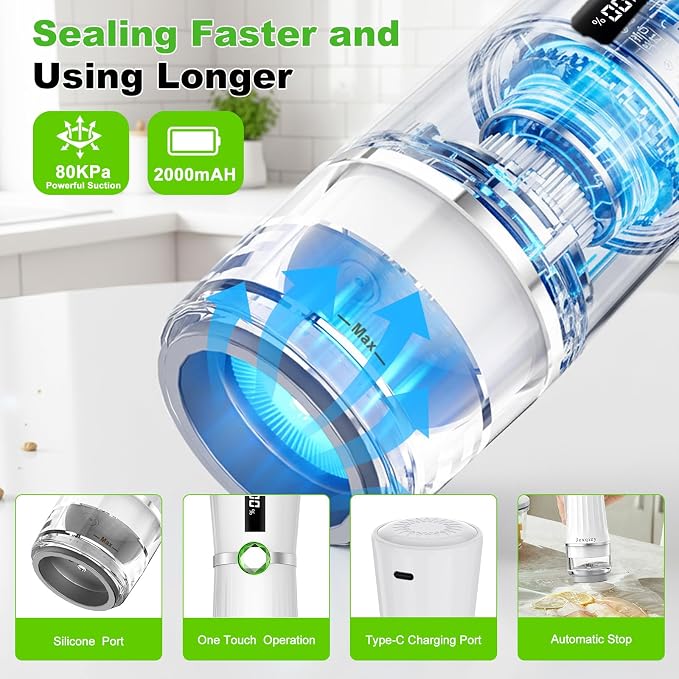 Vacuum Sealer for Food (Compact Vacuum Sealer Machine + 40 Reusable Vacuum Bags), Handheld Vacuum Food saver with LED Display for 10X Preservation, Powerful 80Kpa Portable Vacuum Sealer