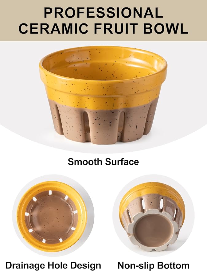 Gomakren Ceramic Berry Bowl Set of 2 Harvest Fruit Basket, Yellow + Brown | Drain Holes Keep Berries Fresh, Stackable, Wash & Serve | 5.8In Round Strawberry Grape Cherry Basket, Farmhouse Kitchen Decor