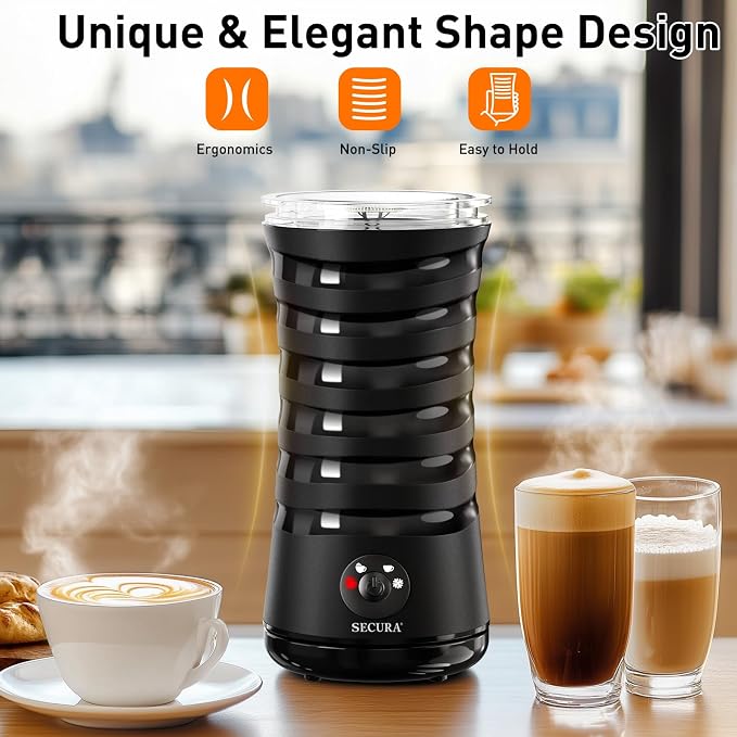 Secura Electric Milk Frother, 4-in-1 Automatic Hot & Cold Foam Maker | Quiet Operation & Easy Cleanup – Create Rich, Smooth Foam for Lattes and Cappuccinos, Includes Silicone Spatula