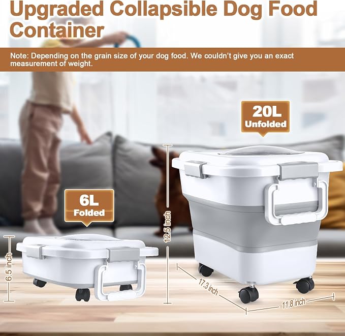Dog Food Storage Container, 10-20 lbs Airtight Collapsible Cat Food Storage Container with Attachable Wheels, Portable Handle, Dog Food Scoop for Dog Cat Bird Pet Dry Food Storage Bin Light Grey