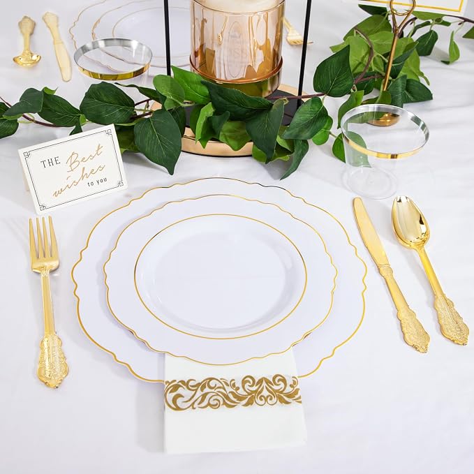 350 Pieces Gold Disposable Plates for 50 Guests, Plastic Plates for Party, Dinnerware Set of 50 Dinner Plates, 50 Salad Plate, 50 Spoons, 50 Forks, 50 Knives, 50 Cups for Wedding/Party