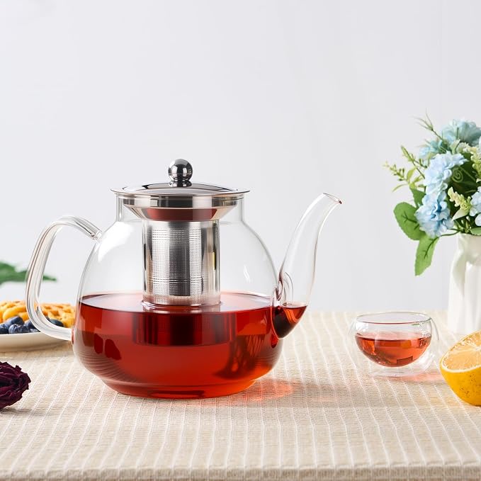 PARACITY Glass Teapot with Infuser, 50 oz Stovetop Kettle for Loose Tea | Borosilicate body with removable 18/8 steel strainer brews blooming and herbal teas; long spout supports travel or camping
