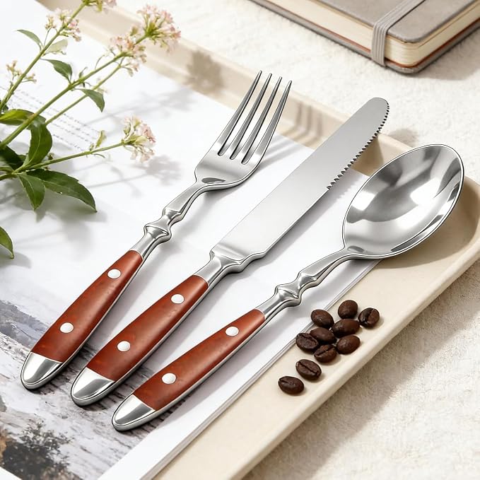 20pcs Brown Silverware Set Service for 4,Vintage Flatware Set with Brown Bakelite Handle, Stainless Steel Cutlery Set, Dishwasher Safe
