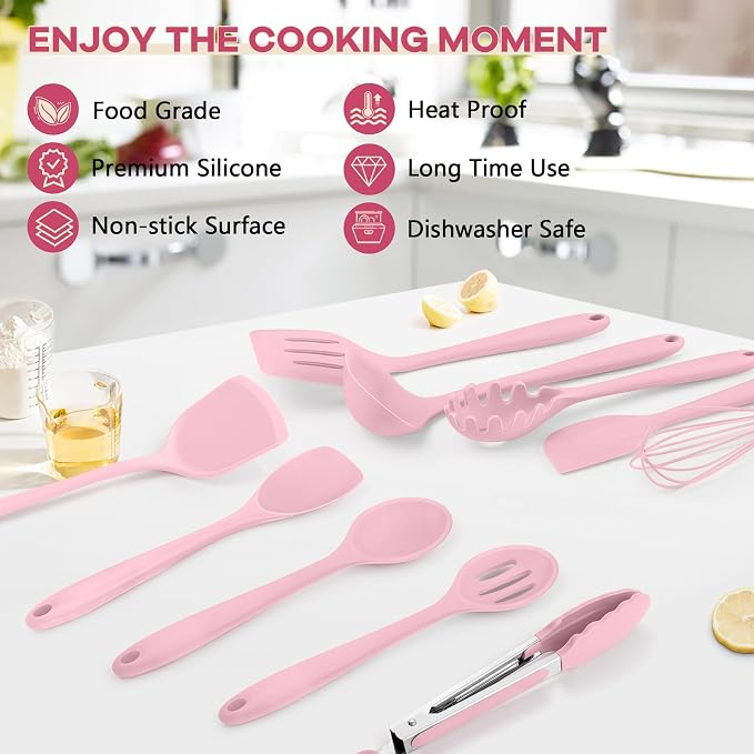 TeamFar Silicone Cooking Utensils, 10 pcs Kitchen Cooking Utensils Set | Heat Resistant Kitchen Gadgets Tools Set w/Spatula, Turners, Spoons, Soup Ladle, Pasta Server for Nonstick Cookware, Pink