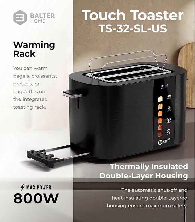 Balter Toaster 2 Slice, Bagel Function, Stainless Steel, Touch Screen, Built-in Rack, Extra-Wide 1.5" Slots for Thick Breads & Bagel, Timer, BPA-Free, Removable Tray, Black