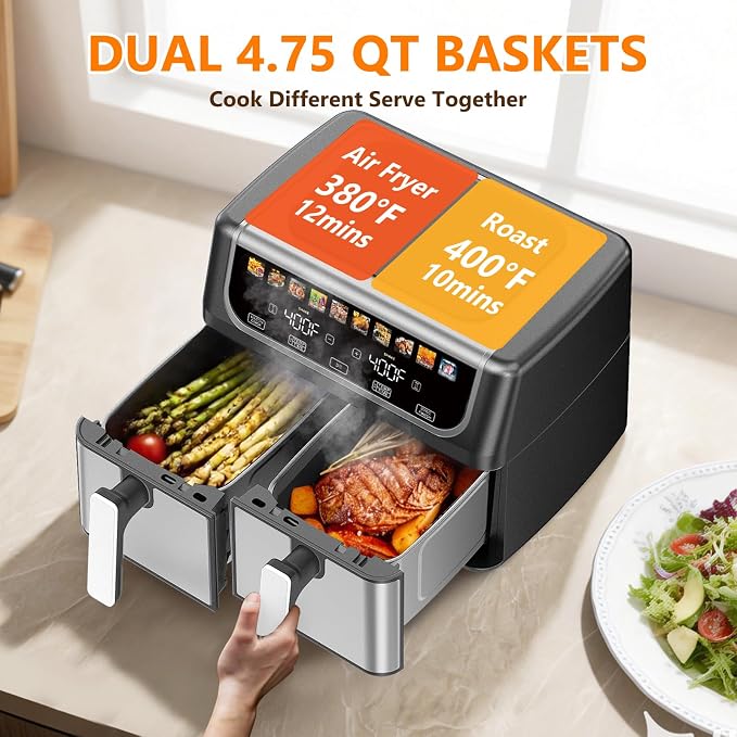 DUMOS 9.5 Quart Dual Basket Air Fryer, 10-in-1 Large Airfryer with Ceramic Crisper Plate, Sync Finish & Match Cook, Shake Reminder, Wide Temperature 80-450°F, Roast Bake Defrost Dehydrate, Black