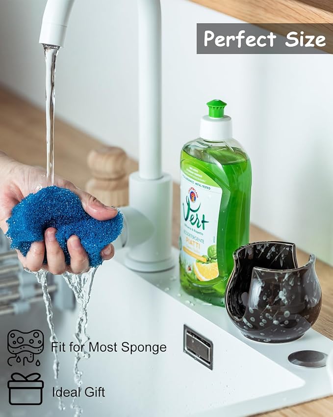 Zoeeker Kitchen Sponge Holder, Ceramic Dish Sponge Holder for Kitchen Sink | Scrub Sponge Dish Rack Sink Caddy Organizer Brush Holder Kitchen Storage Accessories for Bathroom, Sink, Countertop, Black