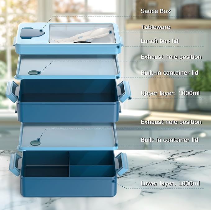 Sitlais Bento Box for Adults, 67oz 2-Layer Stackable Lunch Box with Bag | Leakproof, microwave safe and BPA-free; includes sauce cup and utensils for work, travel, gym and meal prep