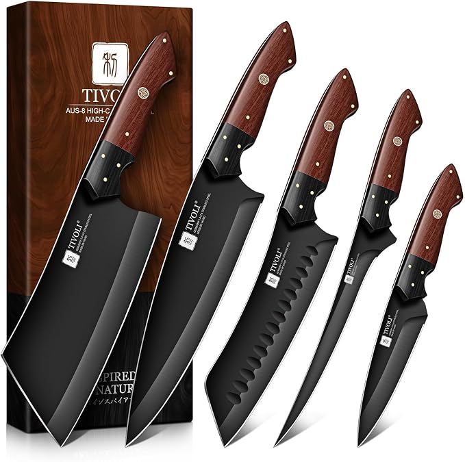TIVOLI Kitchen Knife Set 5pcs - Chef Knife Set with Full Tang Wooden Handle | German High-carbon Steel, Full Tang, Ergonomic Walnut Handle, Gift Box, Dual-Tech Black Shield