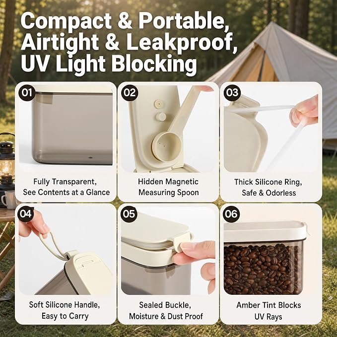 Airtight Coffee Canister with Scoop, 14oz Food Storage Container | Built-in Magnetic Scoop, BPA-Free, Portable with Carry Rope, for Ground Coffee, Beans, Sugar, Spices, Kitchen Pantry, 400ml