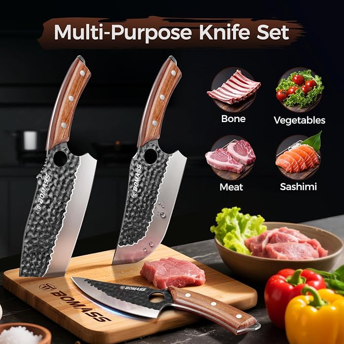 3PCS Butcher Knife Set, Hand Forged Kitchen Chef Knife Set Gift | Meat Cleaver Knife Viking Boning Knife for Home, Outdoor Camping BBQ High Carbon Steel Japanese Knives, Gift for Men Father