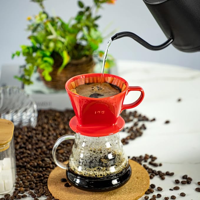 Pour Over Ceramic, Coffee Dripper Ceramic Coffee Maker,Red | 3 Holes Flat Bottom, Porcelain Slow Filter Cone for Travel, Camping, Office, Home, Coffee Maker Brew