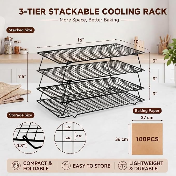 Cooling Racks for Baking, 3-Tier Stackable Stainless Steel Wire Cooling Rack Set of 3 (10"x15") with 100 Paper, Oven Safe Heavy Duty Rust-Resistant Wire Rack for Cookie Sheet Roasting Grilling.