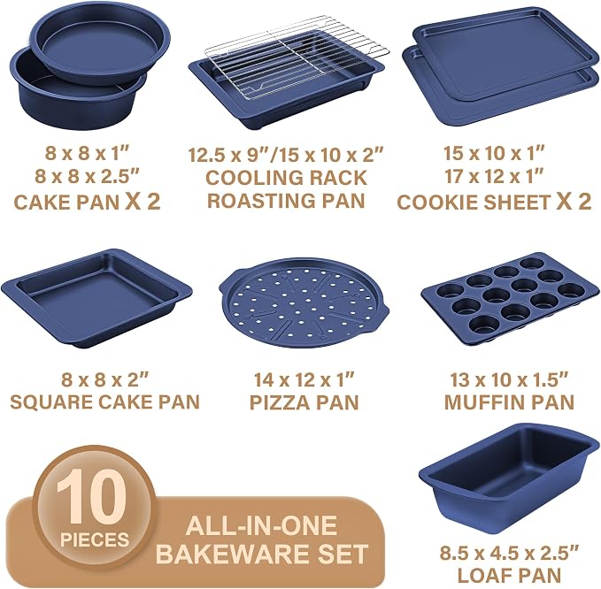 Bakeware Sets, Baking Pans Set, Nonstick Oven Pan for Kitchen with Wider Grips, 10-Piece Including Rack, Cookie Sheet, Cake Pans, Loaf Pan, Muffin Pan, Pizza Pan - Blue