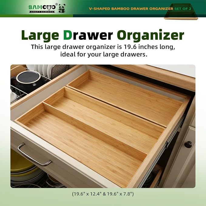 BAMOTTO CRAFTBAMBOO Long V-Shaped Bamboo Drawer Organizer Set of 2 | Silverware & Cutlery Tray | Flatware & Utensil | Kitchen & Bathroom | Narrow Fit | 19.6"×12.4" & 19.6"×7.8"