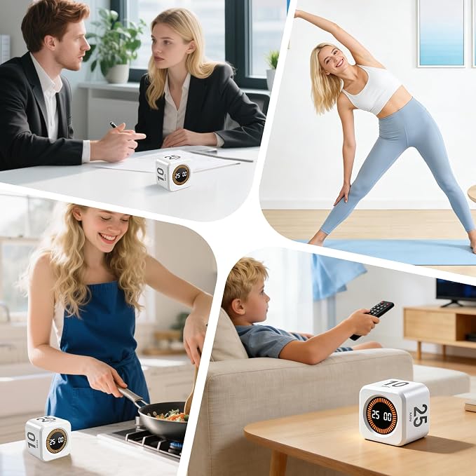 Pomodoro Timer Cube for Productivity — 5/25/10/50 Minutes Preset, Digital Gravity Sensor Desk Visual Timer for ADHD, Silent Mode, Ideal for Office, Study, Kitchen & Kids (White)
