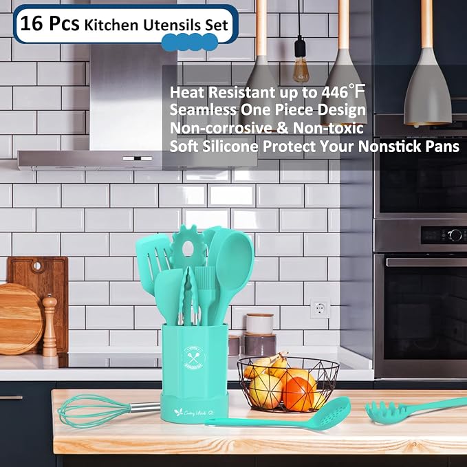 Silicone Kitchen Utensils Set, 16-Piece Silicone Cooking Utensils by Deedro | Heat Resistant Kitchen Tools Set with Holder, Nonstick Spatula Kitchen Gadgets for Cooking & Baking, Green