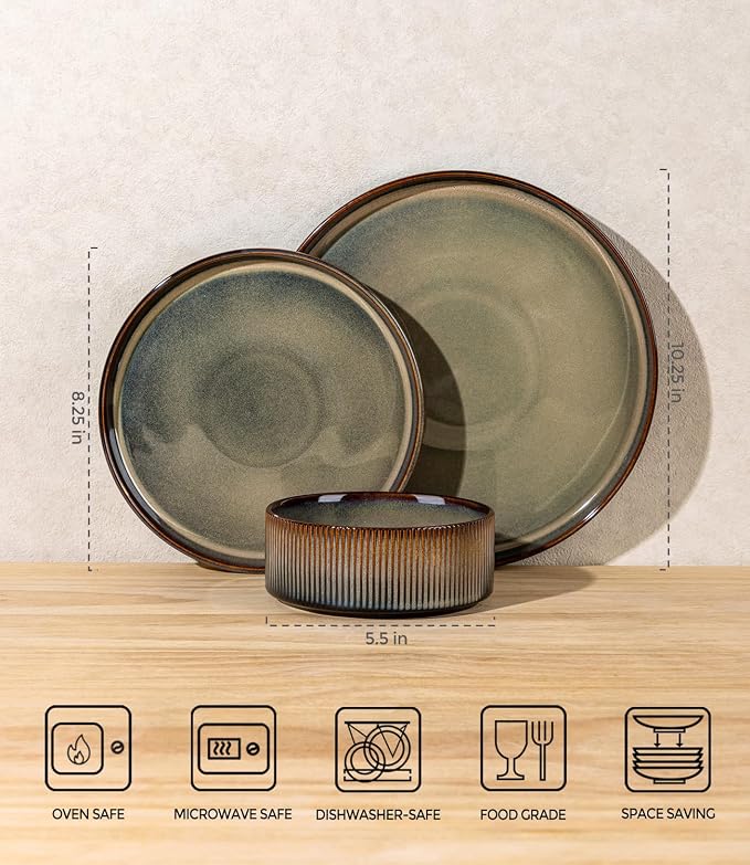 Ceramic Dinnerware Set for 4, 12-Piece Plates and Bowls Set | Lightweight Porcelain Dish Set, Scratch Resistant, Oven & Microwave & Dishwasher Safe, Brown