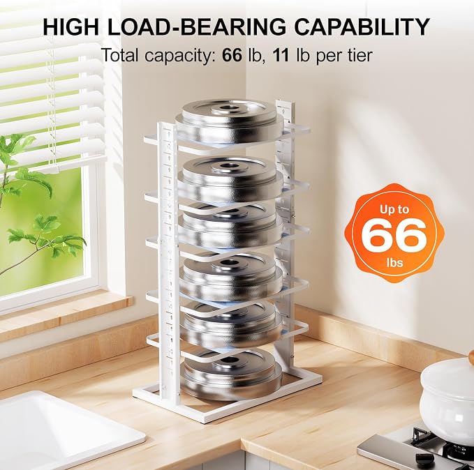 LAMU Pots and Pans Organizer for under Cabinet, 6-Tier Heavy Duty Pan Pot Organizers inside Cabinet Adjustable 14 to 24.57", Pot Rack Kitchen Cabinet Organization and Storage Holds up to 12" Cookware