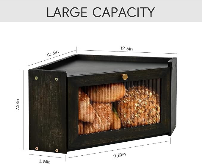 Bread Box for Kitchen Countertop with Acrylic Window Black | Farmhouse Bread Storage Container, Large Pantry Organizers for Homemade Snacks, Loaves, Breathable Keeps Bread Fresh