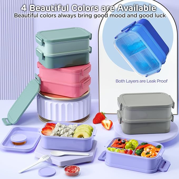 DaCool Lunch Box Adults Bento Box - 74 OZ All-in-One Stackable Lunch Box Containers for Adult Large Bento Box with Fork Spoon Sauce Boxes, Leakproof Lunchbox for Work School Dining Out,Macaron-Color