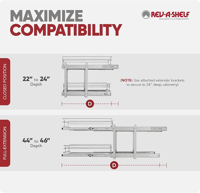 Rev-A-Shelf 2-Tier Pullout Shelf and Drawer Organizer for Kitchen Cabinets, Slide Out Storage Basket, Min Opening Width of 8.5", 9" x 22", 5WB2-0922CR-1