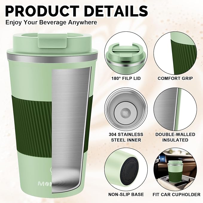 MOMSIV 17oz Travel Coffee Mug, Insulated Coffee Cup with Leakproof Lid | 6-Hour Heat Retention, 360°Leak proof, Vacuum Stainless Steel Double Walled, BPA-free, Reusable And To Go Coffee Mug